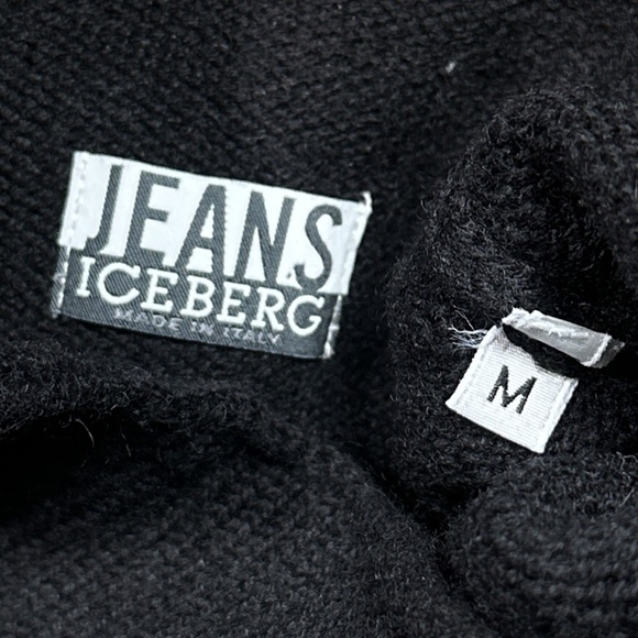 Vintage 90s Iceberg Jeans Wool Black Gray Logo Mock Neck Sweater Mens Medium - Picture 5 of 7